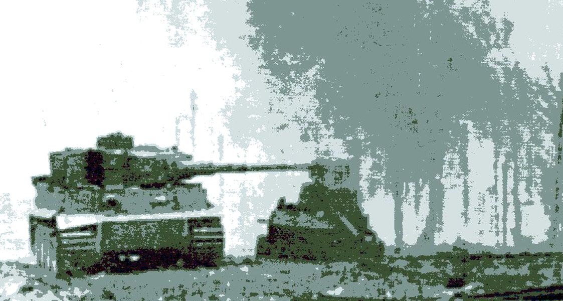 1942年,首次参战的虎Ⅰ坦克在俄罗斯的列宁格勒进行战斗,图中一辆苏军T—34坦克被虎Ⅰ坦克击毁。