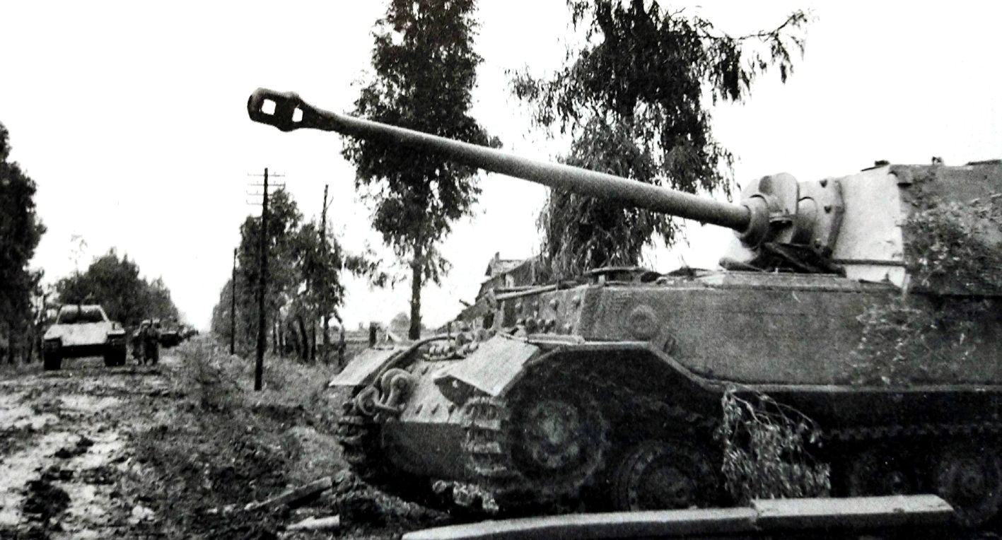 1944年2月29日，意大利战场，653重装甲歼击营111号「象」式坦克歼击车在行进中被地雷炸毁，该辆车后被德军拖回后方维修；公路远处是一支德军的豹式坦克纵队。