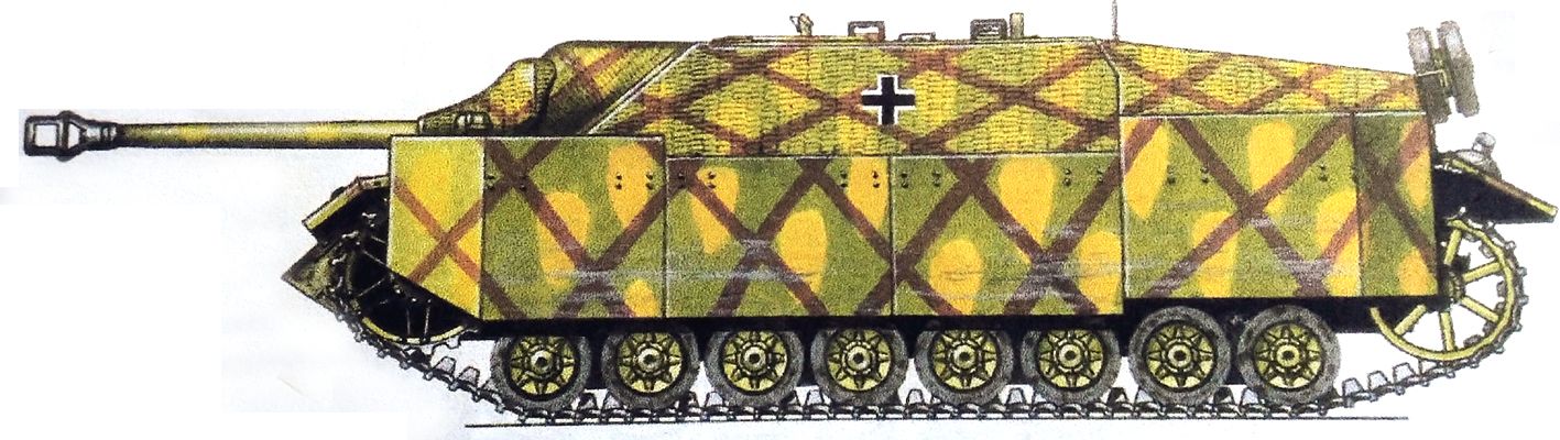 1944年7月东线战场，德军一辆不明单位的L/48 Ⅳ号坦克歼击车（Panzer Ⅳ Sd.Kfz.162），该车车体周边已装上了装甲裙板以加强防护。