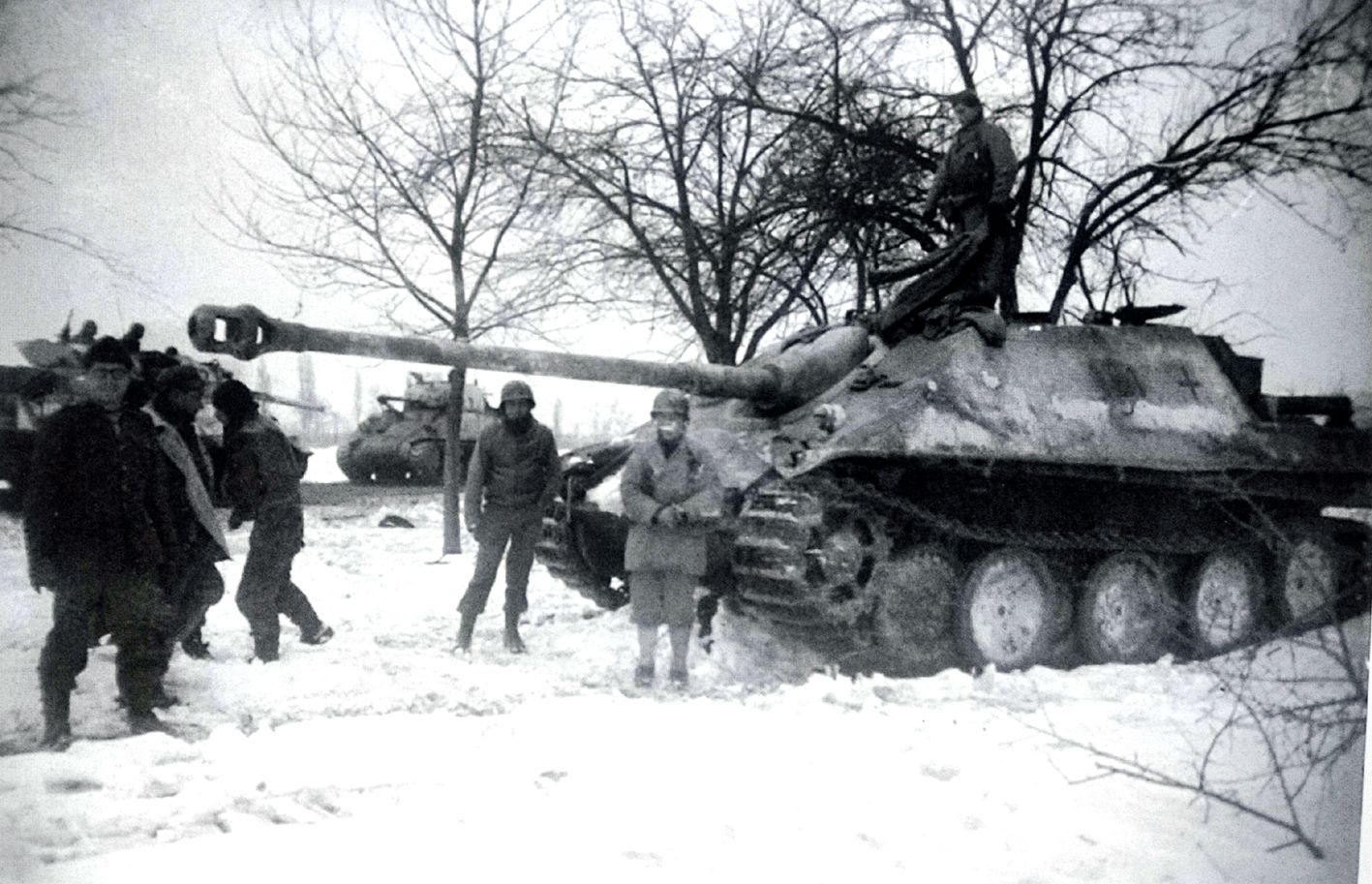 1945年1月30日，一辆被盟军击毁的「猎豹」重型坦克歼击车。该车隶属德军654重坦克歼击营第1连，编号101，这是一辆初期型的「猎豹」，一群自由法国部队的坦克兵正在检查这辆「猎豹」残骸。图中远处是自由法国部队的美制谢尔曼坦克和M10坦克歼击车。