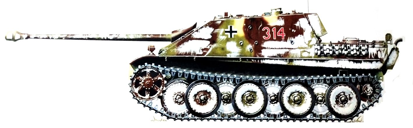 1945年1月阿尔萨斯地区，德军654重坦克歼击营第3连编号314号的一辆「猎豹」重型坦克歼击车（前期型），该车已涂上了冬天的伪装色。