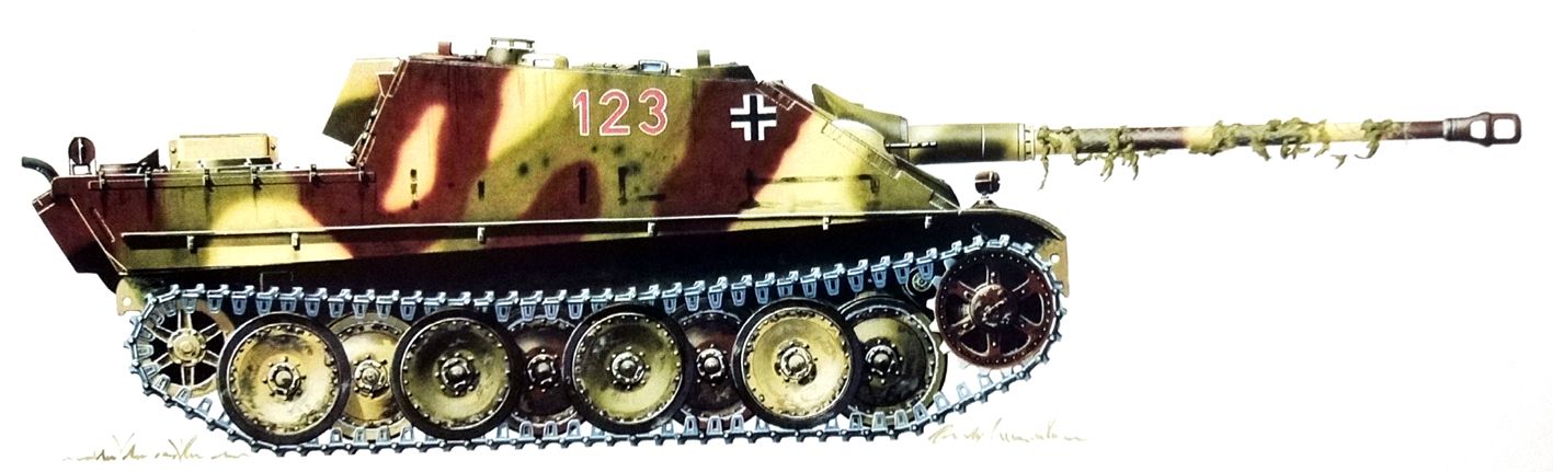 1945年1月阿尔萨斯地区在鲁尔包围圈，德军654重坦克歼击营第1连编号123号的一辆「猎豹」重型坦克歼击车（后期型）。