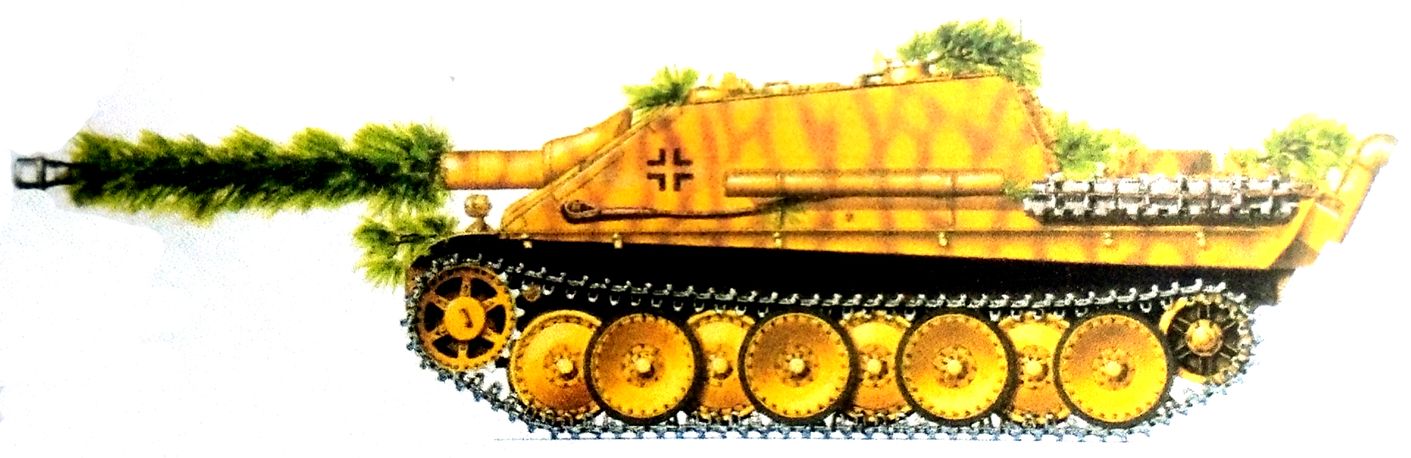 1945年春天德国战场，德军一辆不明单位的「猎豹」重型坦克歼击车（后期型）。该车用树枝作了伪装，这种简易的伪装方法也在不少「猎豹」中使用。