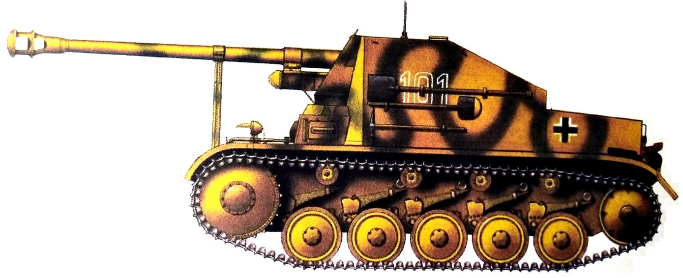 1945年1月，匈牙利布达佩斯，德军第13装甲师的一辆75mm「黄鼠狼」Ⅱ（131）型反坦克炮车（Ⅱ号F型坦克底盘）。