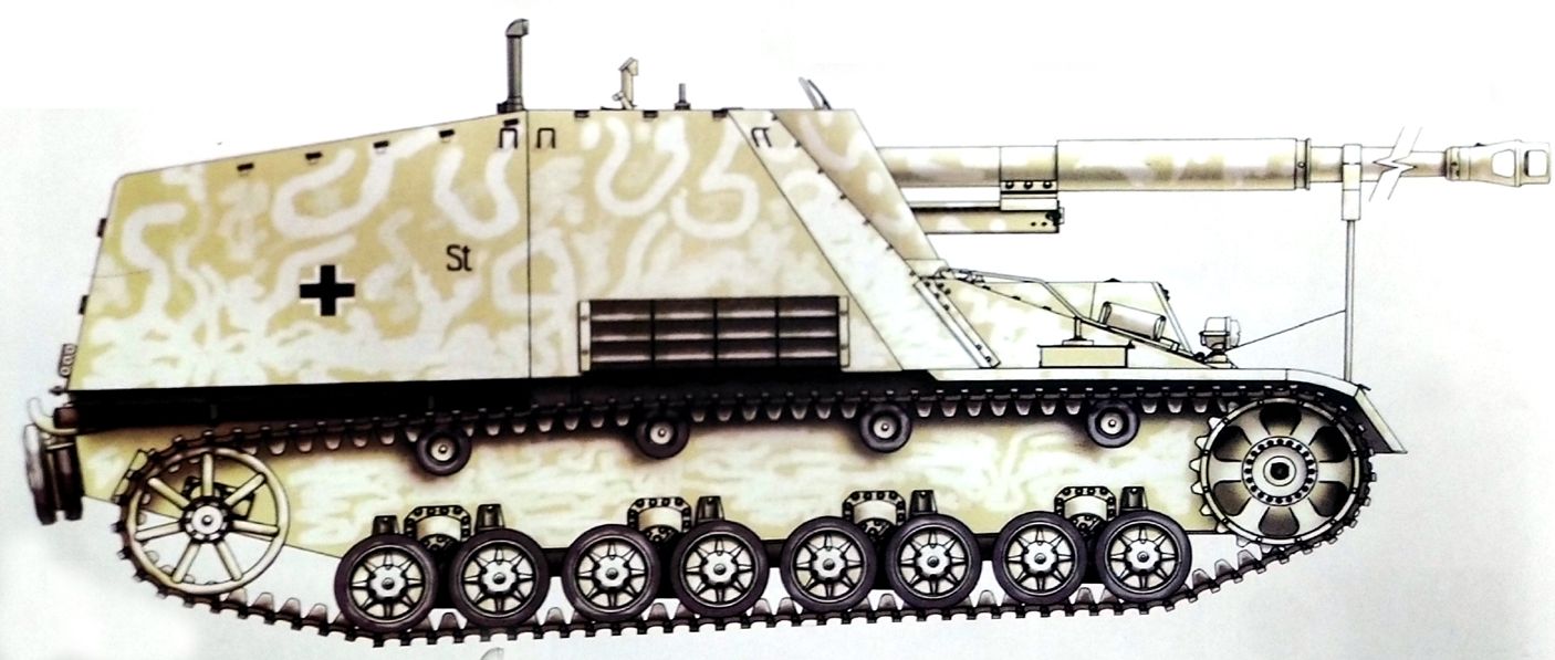 1944年2月，在东线苏联战场上服役的德军一辆88mm「犀角」自行反坦克炮车，该车在土黄色的底色上涂上了白色曲线条，以作冬季作战的伪装。