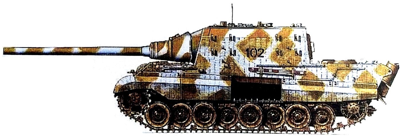 1945年，德国战场上隶属653重装甲歼击营的一辆「猎虎」重型坦克歼击车，该车涂的是冬季伪装色。