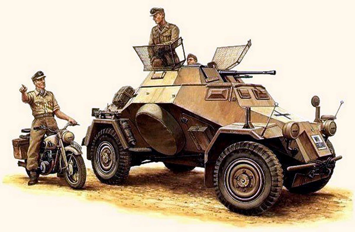 手绘作品：东线苏联战场，一德军摩托通讯兵赶至Sd.Kfz.222型4轮装甲侦察车旁传达任务。