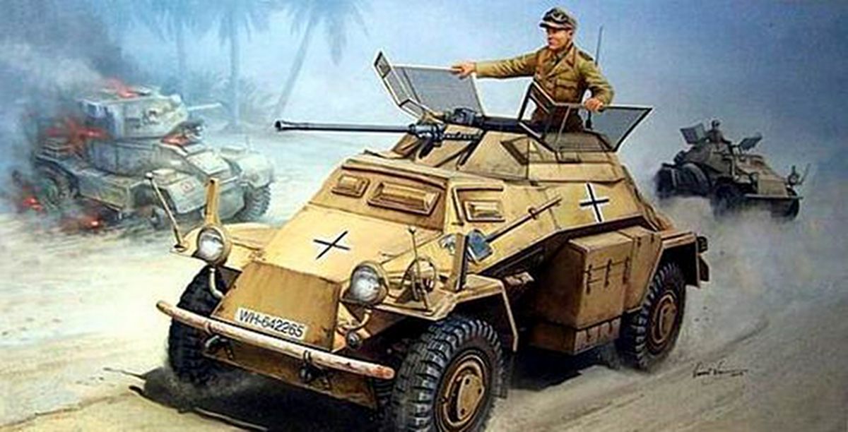 手绘作品：东线苏联战场上的德军Sd.Kfz.222型4轮装甲侦察车，除了担负侦察任务外，还可在战场上与对手撕杀。