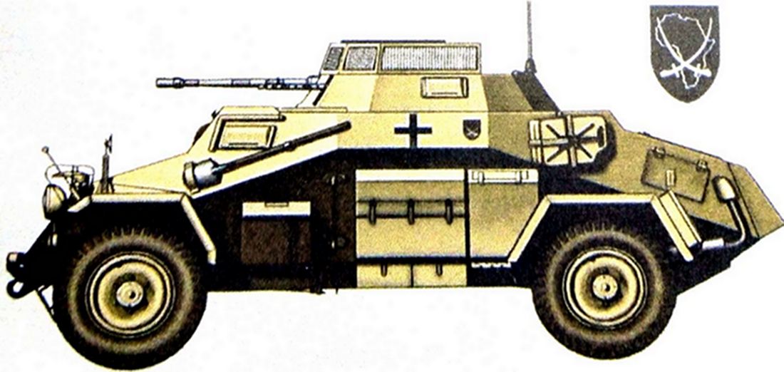 1943年4月，非洲战场突尼斯地区，隶属德军第164轻装师的一辆Sd.Kfz.222型4轮装甲侦察车。