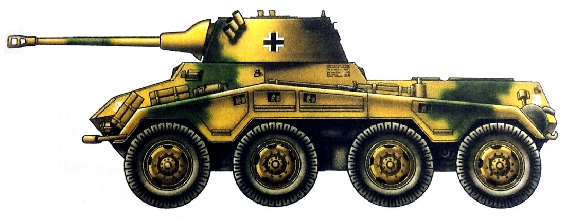 1944年8月,法国战场诺曼底地区,隶属德国武装党卫军第12「希特勒青年团」装甲师第12党卫军侦察营的一辆Sd.Kfz.234/2型8轮装甲侦察车。