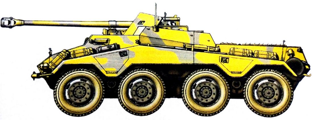 1945年4月,德国战场,一辆不明单位的Sd.Kfz.234/4型8轮装甲反坦克炮车。