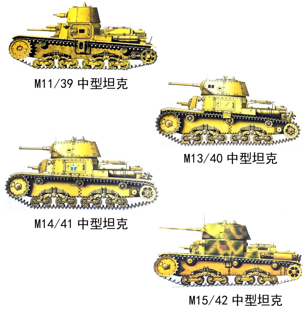 M11/39、M13/40、M14/41、M15/42中型坦克同框对比。