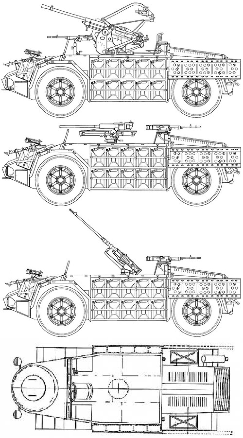 AS.42主武器的几种可选安装方式。第一种是布雷达20/65型火炮，安装在1935型炮架上；第二种是47/32型火炮，安装在1935型炮架上；第三种是索洛图恩S18-1000型火炮。最后一张图展示了战斗室的地板和中央炮台。