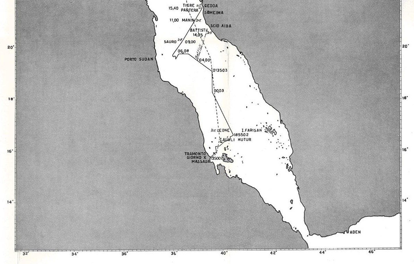 1941年3月31日至4月3日，狮级驱逐舰在马萨瓦陷落前夕的最后出击路线图。狮号出港即触礁自沉，虎号与豹号在阿拉伯半岛海岸被舰员自沉，标志着意大利在东非海上力量的终结。