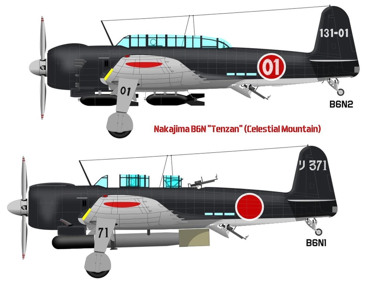 天山舰上攻击机 B6N1 和 B6N2 的侧面对比图。注意:事实上,由于在实战中 B6N1/B6N2 的座舱盖和机枪时常会被拆装,因此单单从座舱特征来分辨 B6N1 和 B6N2 并不准确。