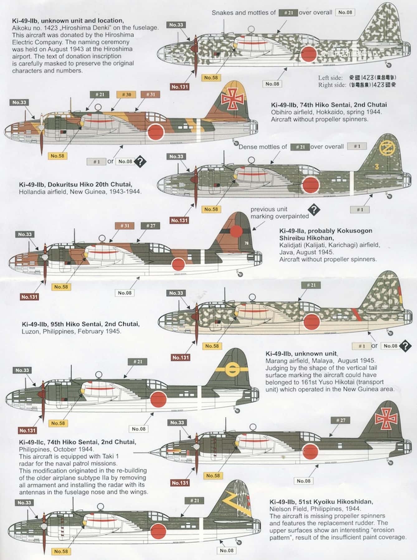 装备中岛百式重爆击机(Ki-49)的战机型号、涂装与部队名称编号。资料来源:井泽康穗(Yasuho Izawa)所著的《日本陆军重型轰炸机部队》(Nihongun Juubaki-tai)一书。