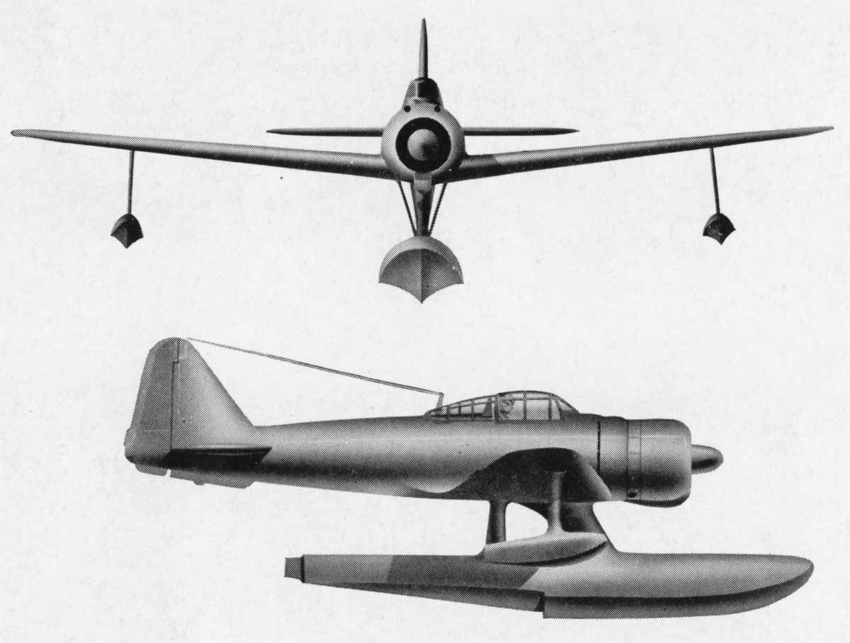 三菱产的A6M2-N(二式水上战斗机,美军编号「Rufe」/「Zeke Mk1」)二视图。其性能较零式有所下降,主要作为战斗机和侦察机活跃于缺乏陆基飞机所需设施的海岛地区。