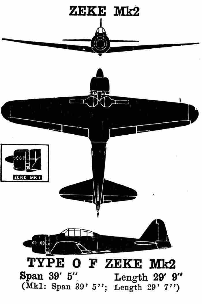 「零战」A6M2的盟军识别卡。注:「Zeke」为美军给「零战」家族起的称号,「Mk2」指的是装配中岛「荣」21型发动机的「零战」A6M3系列(三二型/二二型)以及A6M2(五二型)。