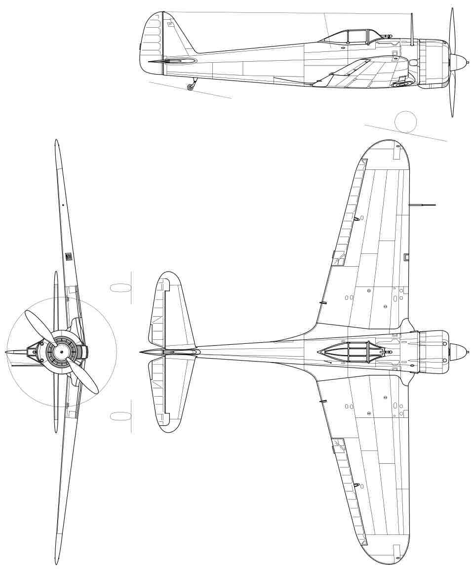 一式战斗机（Ki-43-I型）三视图。