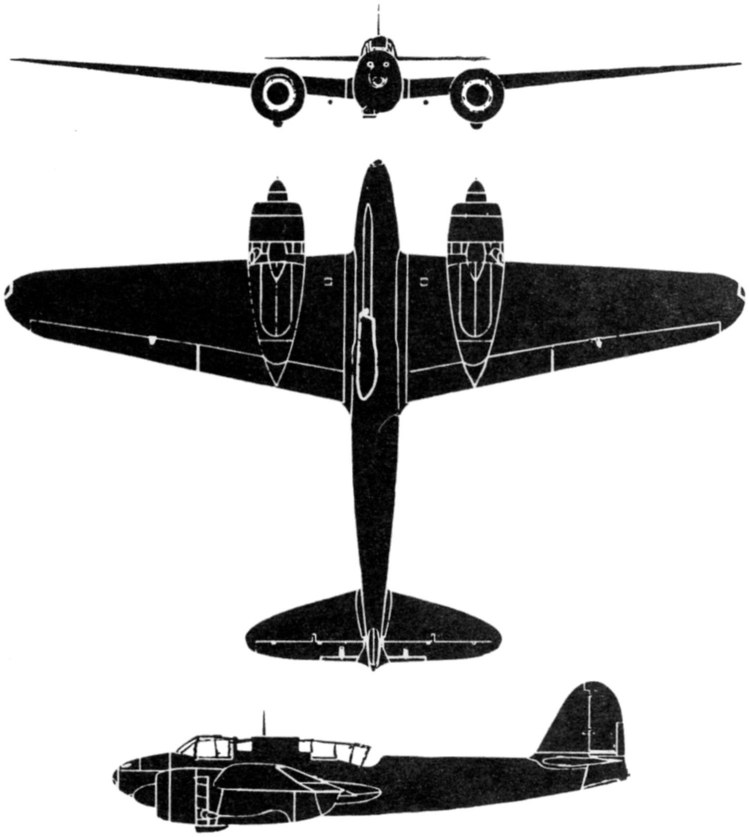 1944年7月,美军技术情报书刊中收录的「屠龙」(Ki-45)三视图识别卡片,展示了该机的总体气动布局与双发结构。