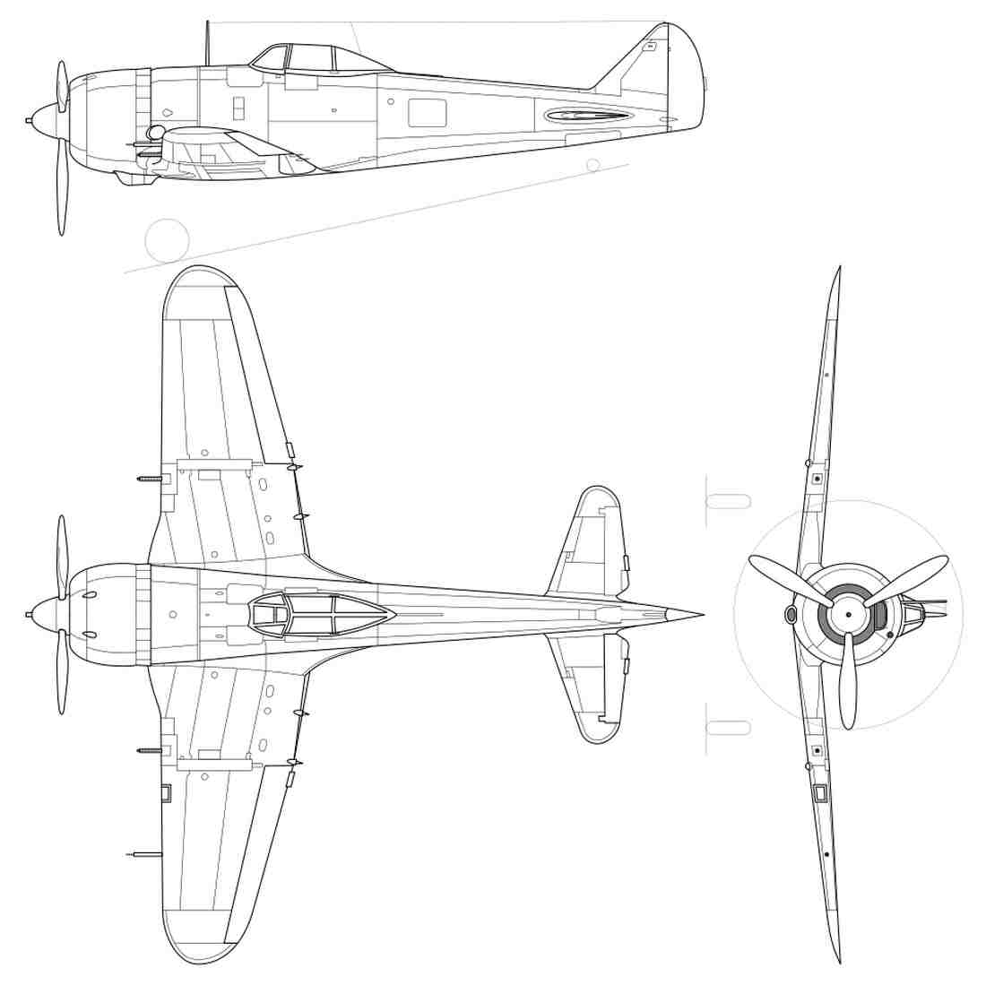二式单座战斗机「钟馗」(Ki-44)的三视图。