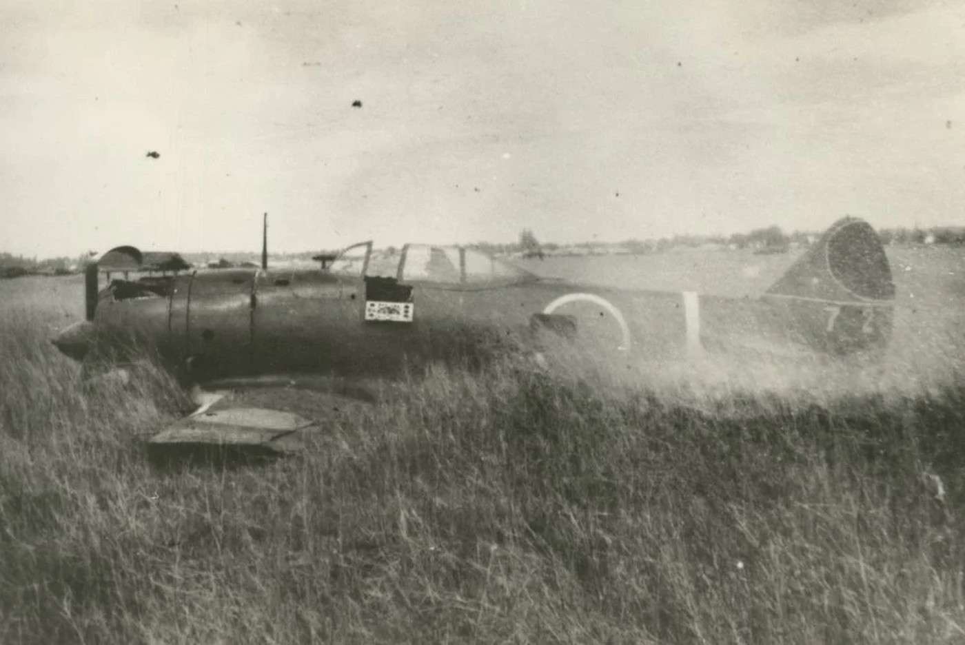 1945年,战争末期,一架受损迫降在野外的二式单座战斗机「钟馗」(Ki-44)。