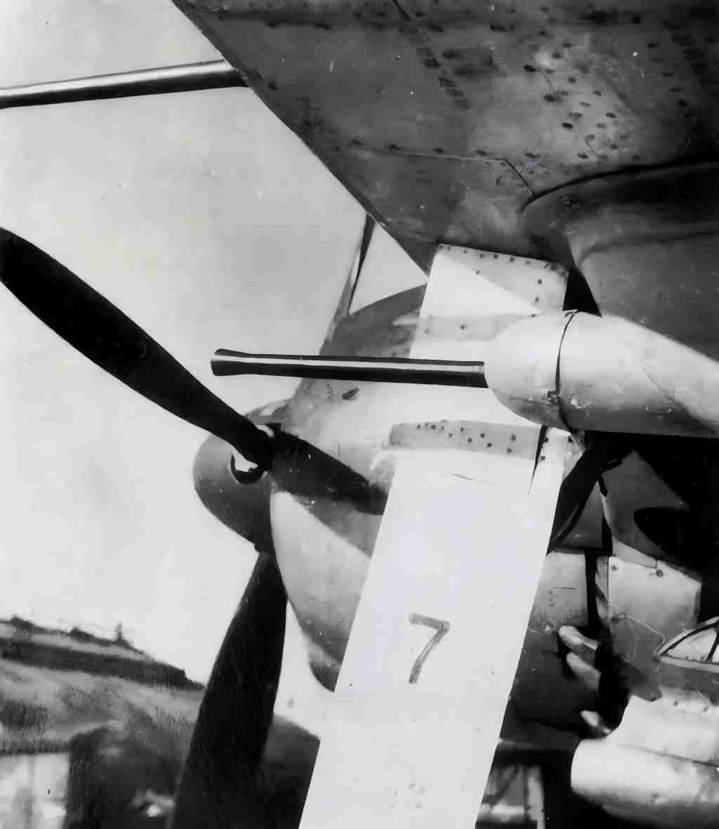 1944年秋，部署于茨城县筑波航空基地、隶属筑波海军航空队的川西紫电（N1K1-J）战斗机机翼下部机炮特写。注意起落架舱门上的数字「7」，这表明这架飞机与前一幅图中的「ツ-7」是同一架飞机。注：筑波海军航空队是一支负责训练舰载战斗机飞行员的部队，该部队的飞机通常使用100、400-800以及1100范围内的尾部编号，但用于本土防空的紫电（N1K1-J）战斗机则被分配了1至10的个位数编号。