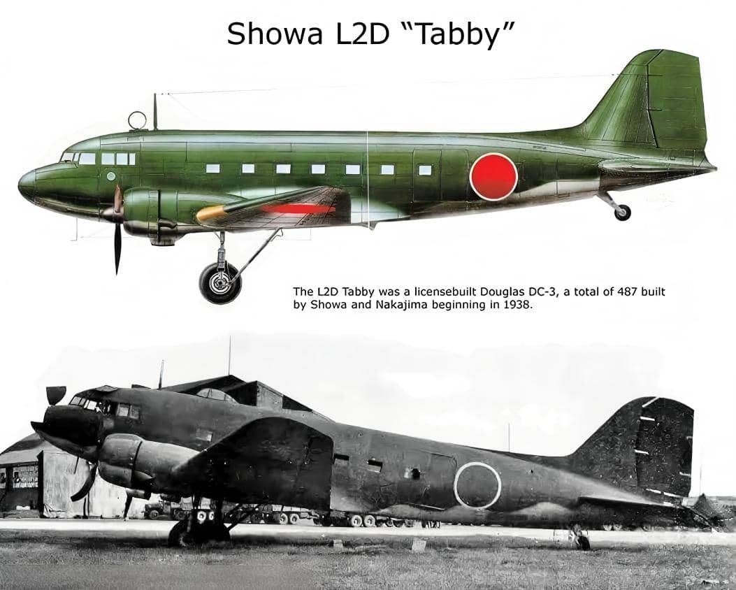 零式运输机(L2D)源自道格拉斯 DC-3 型运输机,除早期采购外,初期型 L2D1 采用进口部件组件,共生产5架,其中2架于1940-1941年间交付海军。注:此图片实际展示的是后期量产的零式运输机二二型(L2D3)。