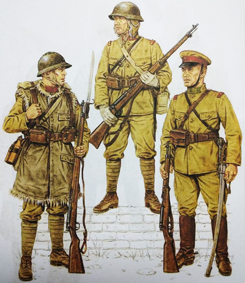 (图左)1931年,中国抗日战场,日军一名持带刺刀三八式步枪的一等兵。(图中)1931年,中国抗日战场,日军第1骑兵团一名持三八式步枪的二等兵。(图右)1932年,中国抗日战场,日本第13军第6中队一名手持三八式卡宾枪的士官。