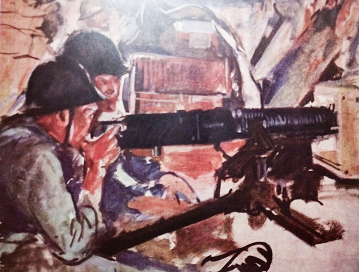 绘图:1937年10月,中国上海抗日战场,日军的一挺九二式重机枪正在向中国守军射击。
