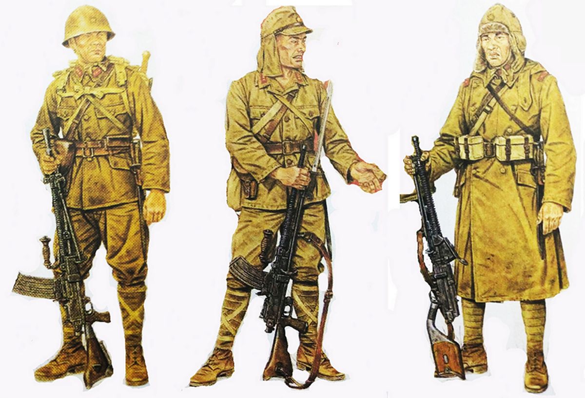 (图左)1944年,中国战场上一名日军96式机枪手。(图中)1941-1942年,东南亚菲律宾战场上一名日军96式机枪手。(图右)1932年,中国东北,日军满洲国铁路保护总队的一名11式机枪手。