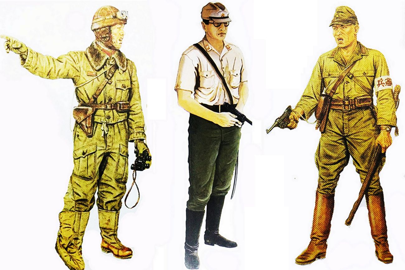 (图左)1938-1939年间,日军坦克团的一名中尉,佩带一支南部14式手枪。(图中)一名手握南部14式手枪的日本陆军少尉。(图右)1942年,东南亚战场,一名驻扎在马来亚,手握一支南部14式手枪的日军宪兵。