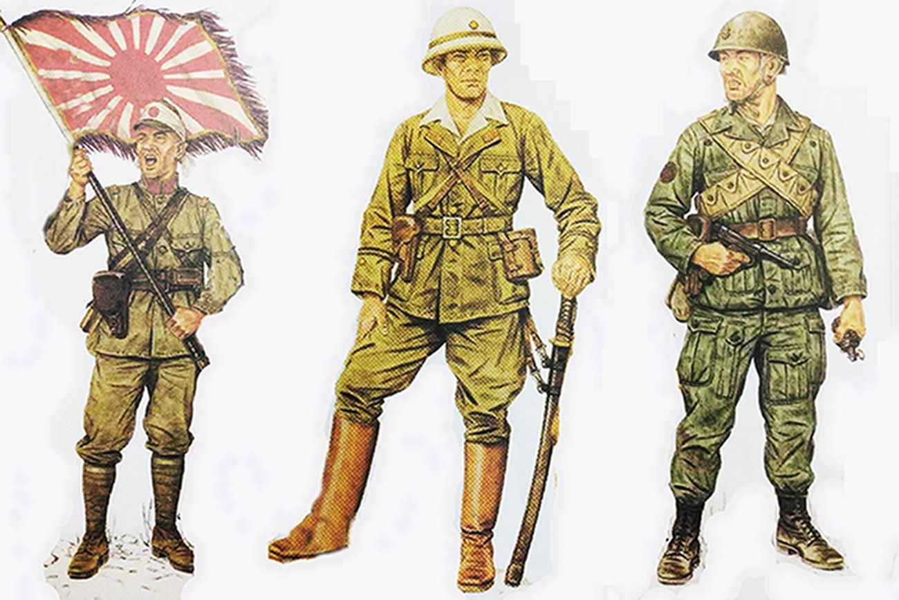 (图左)一名佩带南部14式手枪,拿着太阳旗的日军士官。(图中)1943年,一名驻扎在所罗门群岛,佩带南部14式手枪的日本第38混成旅军官。(图右)1942年,日本海军第1伞兵部队一名手握南部14式手枪的伞兵。