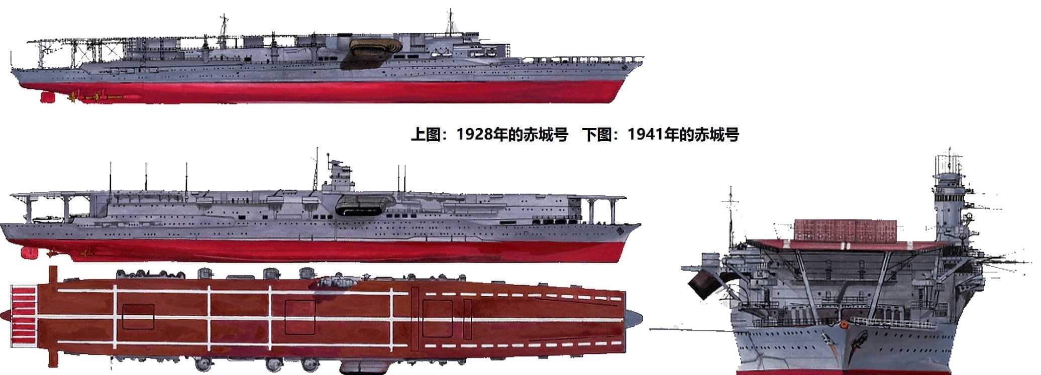 绘图:两个时期的赤城号构型对比。