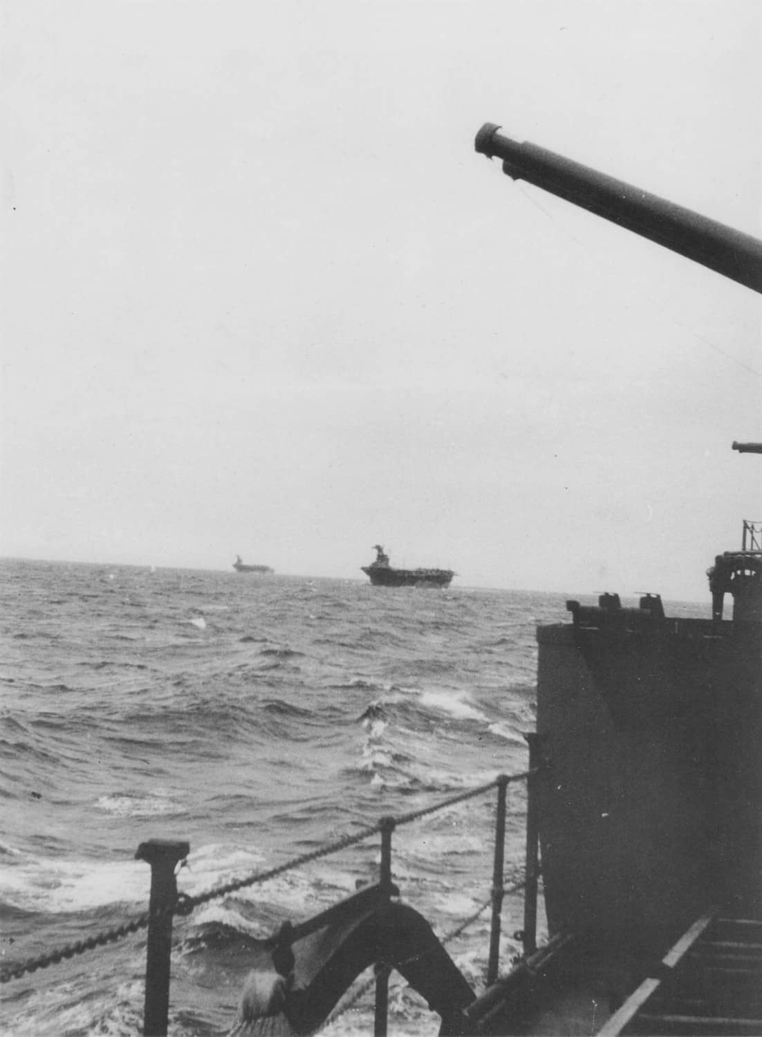 1944年5月13日，在菲律宾塔威塔威（Tawi-Tawi）附近海域上航行的隼鹰号和飞鹰号两艘航母同框。两舰外观几乎完全相同，可通过舰岛位置与烟囱倾斜角度细微区分。此时距离「菲律宾海海战」仅一个月，日本海军正在集结最后一支可用的航母机动力量。