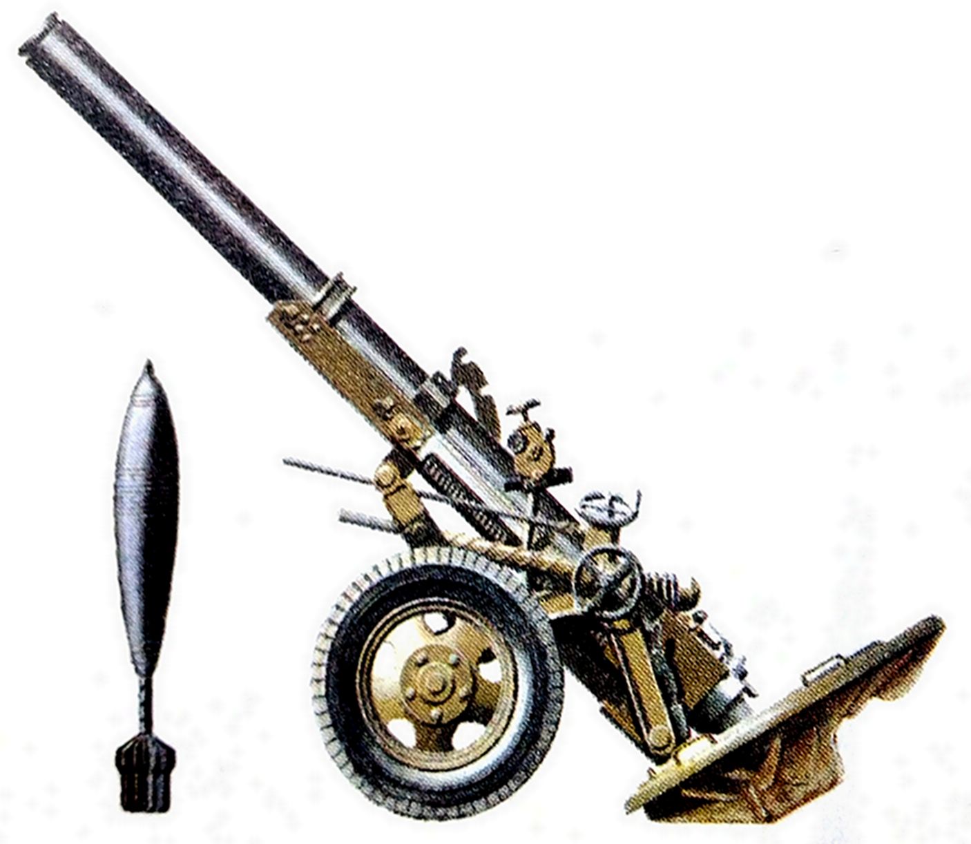 1943式160毫米重型迫击炮及其炮弹。1943式（MT-13型）160毫米迫击炮是二战中苏联最大口径的迫击炮。1943年，由苏联乌拉尔制造厂研制成功，1944年1月正式进入部队服役，当年生产了300多门。至二战结束后的1947年夏季，共生产了1557门。该炮主要用于在短距离内破坏敌人的防御工事。