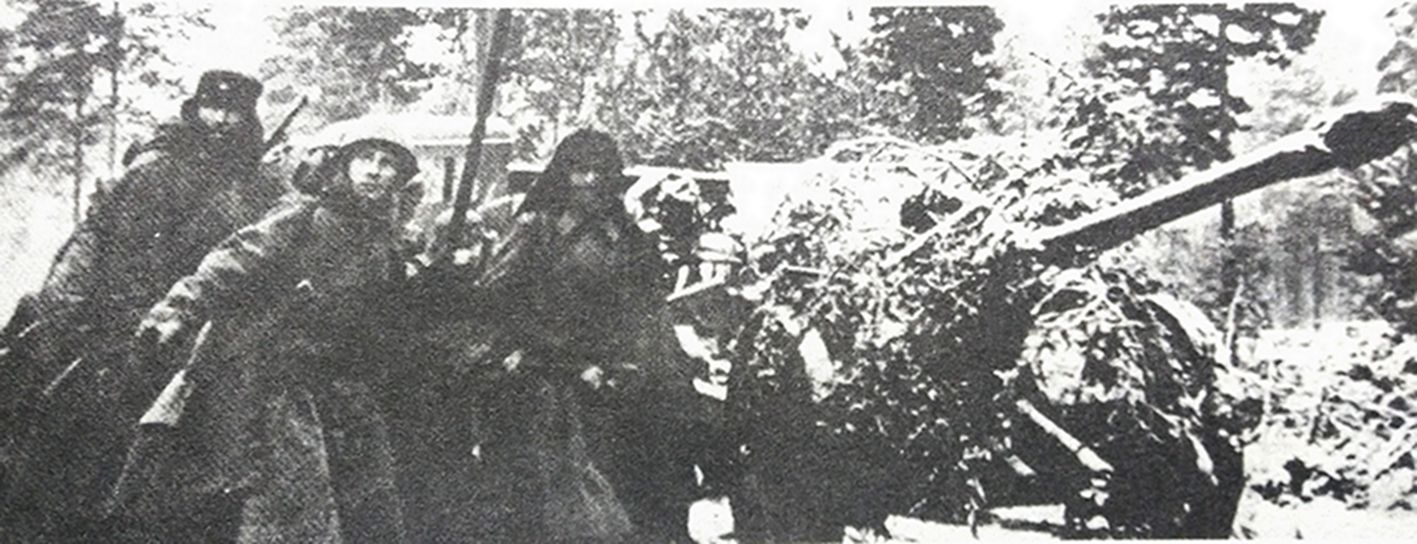 1942年冬季，「列宁格勒围城战」期间，东线苏联战场斯大林格勒地区，在拉多加湖区的雪地中行进的一门苏军1942式76毫米加农炮与炮班士兵，苏军通过这条连接被封锁的列宁格勒的生命运输线不断往前方运送反击的人员、武器弹药与各种战场急需物资。