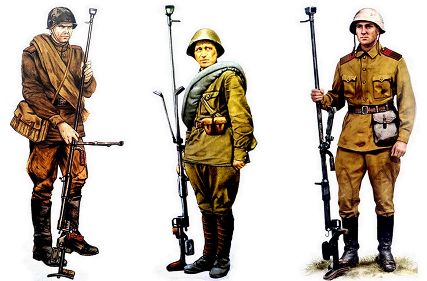 （图左）1943年，手持PTRD-41式反坦克步枪的一名苏军反坦克步兵。（图中）1942年，手持PTRD-41式反坦克步枪的一名苏军反坦克营列兵。（图右）1944年，手持PTRD-41式反坦克步枪的一名苏军902步兵团列兵。