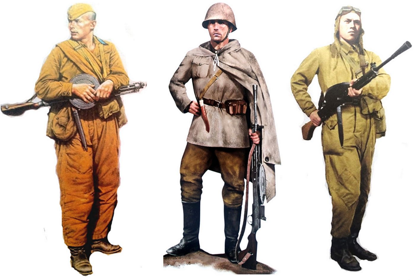 (图左)1941年,一名隶属苏军第201空降旅的DP轻机枪手(该旅曾被用作步兵作战)。(图中)1943年,一名手持DP轻机枪的苏军第72预备役团列兵。(图右)1942年,一名苏军214空降团的DP轻机枪手。