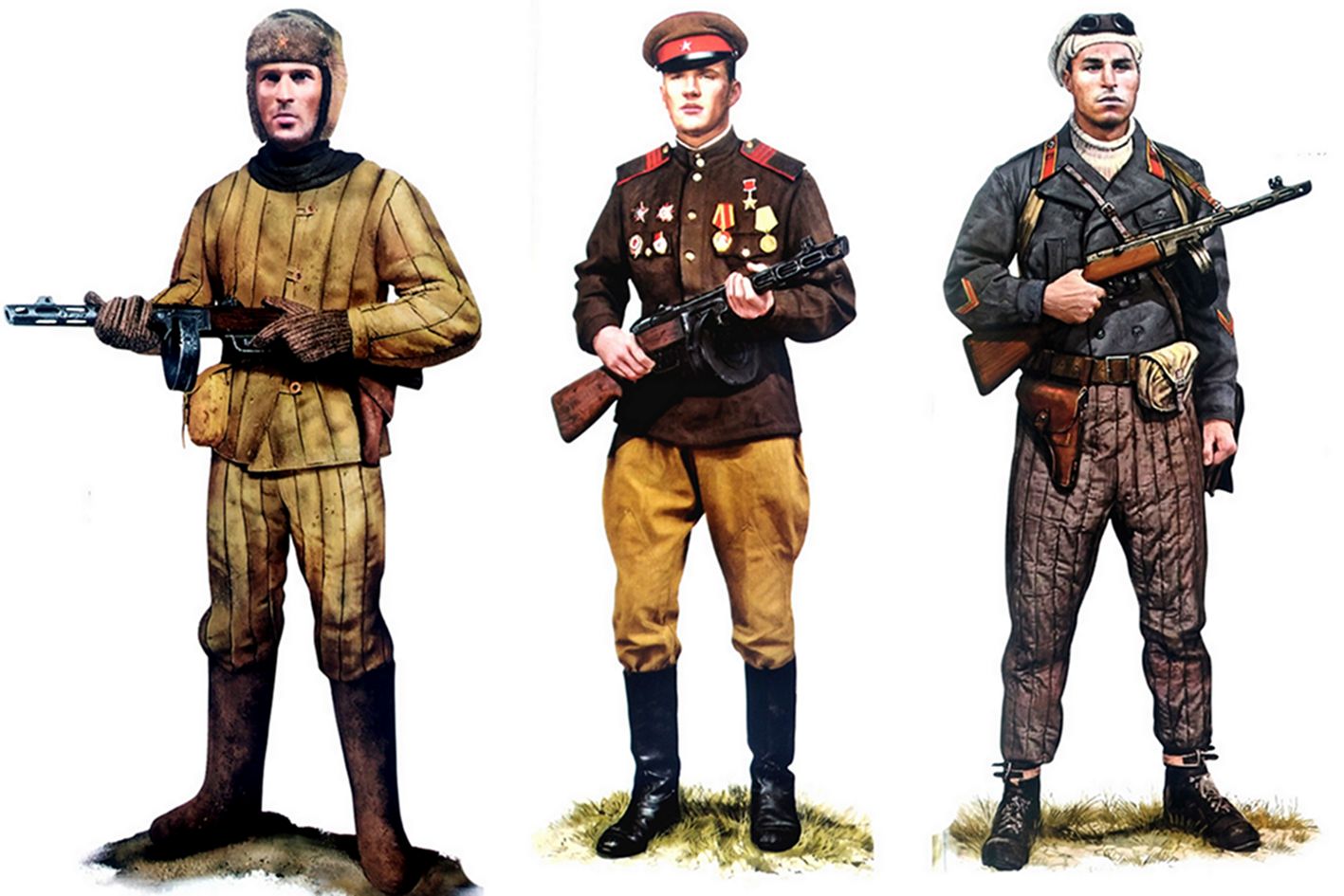 (图左)1942年,一名手持PPSh-41型冲锋枪的苏军第42步兵团士官。(图中)1944年,一名手持PPSh-41型冲锋枪的苏军第141近卫步兵团士官。(图右)1942年,一名手持PPSh-41型冲锋枪的苏军第1山地特种分队列兵。