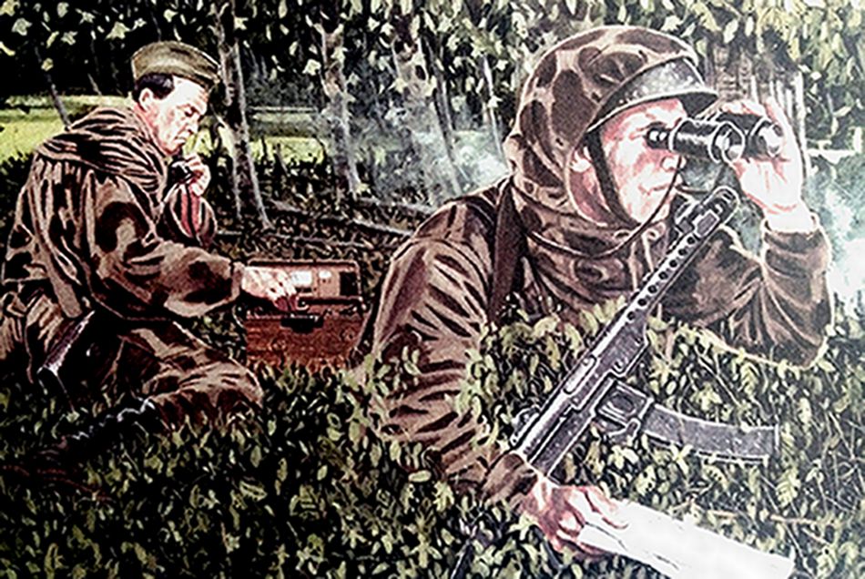 绘图:二战东线苏联战场,苏军一个炮兵观察小组正在将敌方阵地情况发报,手持望远镜的苏军战士胸前PPSh-41冲锋枪配备的是35发容弹量的弹匣。