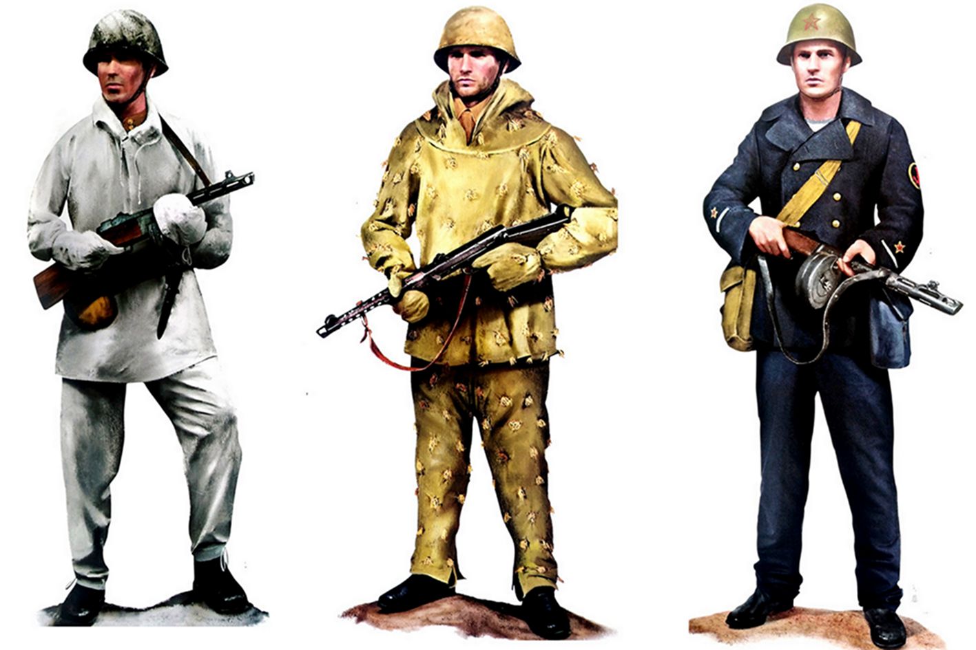 (图左)1941年,一名手持PPSh-41型冲锋枪的苏军第365步兵团列兵。(图中)1945年,一名手持PPSh-41型冲锋枪的苏军第188近卫步兵团侦察兵。(图右)1942年,一名手持PPSh-41型冲锋枪的苏军第143海军步兵旅士兵。