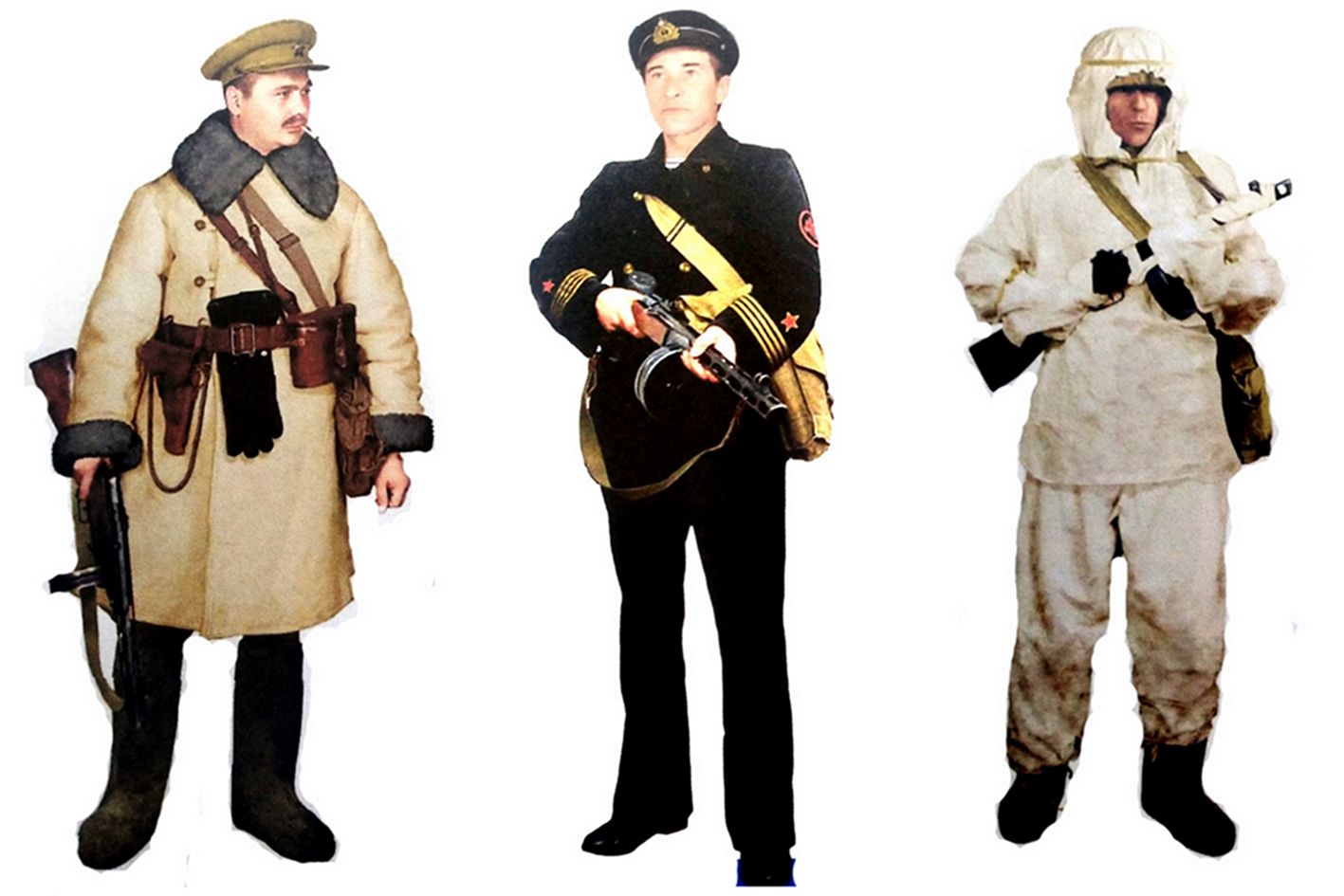 (图左)1942年,一名手持PPSh-41型冲锋枪的苏军第257步兵师军官。(图中)1942年,一名手持PPSh-41型冲锋枪、守卫苏联塞瓦斯托波尔要塞的苏军第9海军步兵团侦察兵。(图右)1943年,一名手持PPSh-41型冲锋枪的苏军第45后卫步兵师中士。