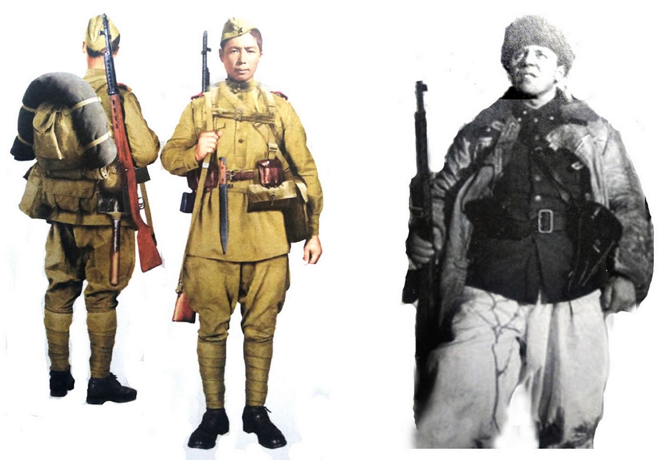 (图左)1943年8月,东线苏联战场哈尔科夫地区,苏军第183步兵师一名手持SVT-40半自动步枪的战士(正、背面)。(图右)1941年初,东线苏联战场,一名持SVT-38半自动步枪的苏军边境巡逻队士兵。