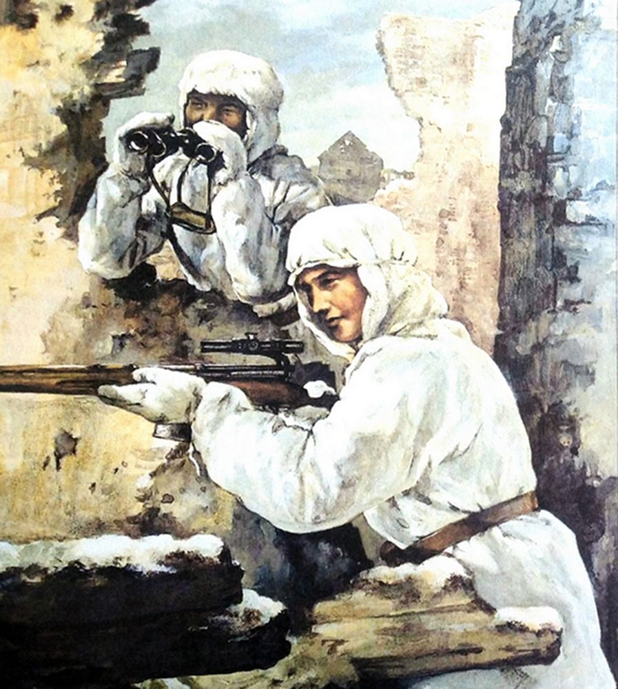 绘图:二战东线苏联战场,苏军一个狙击小组,其中一名女狙击手持SVT-40半自动步枪,枪上装的是改进的PU瞄准镜。