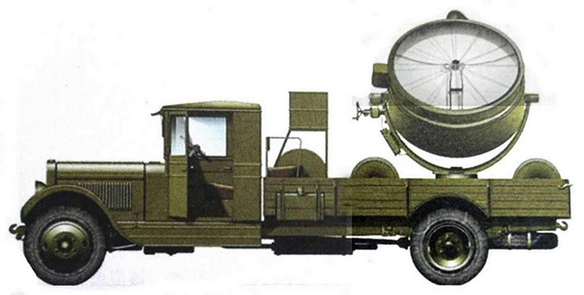 采用吉斯 ZIS-5 军用卡车改装的ZIS-12探照灯车。在「莫斯科保卫战」中,这些机动式的大功率探照灯协助苏军的高炮部队,在对抗德军的飞机空袭中立下了大功。