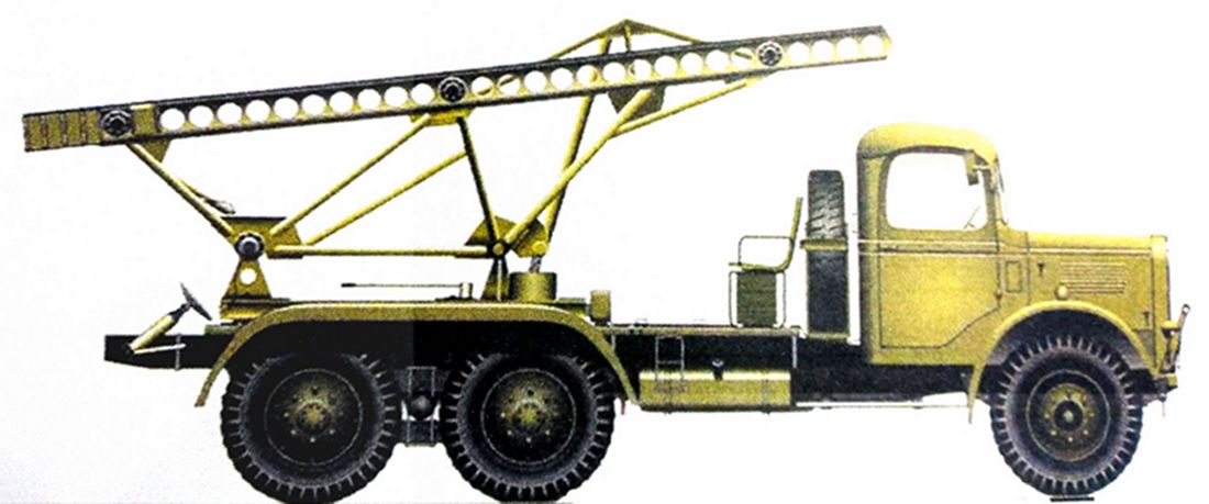 以奥斯汀K6(6×6)卡车底盘为承载体的BM-13型自行火箭炮车。