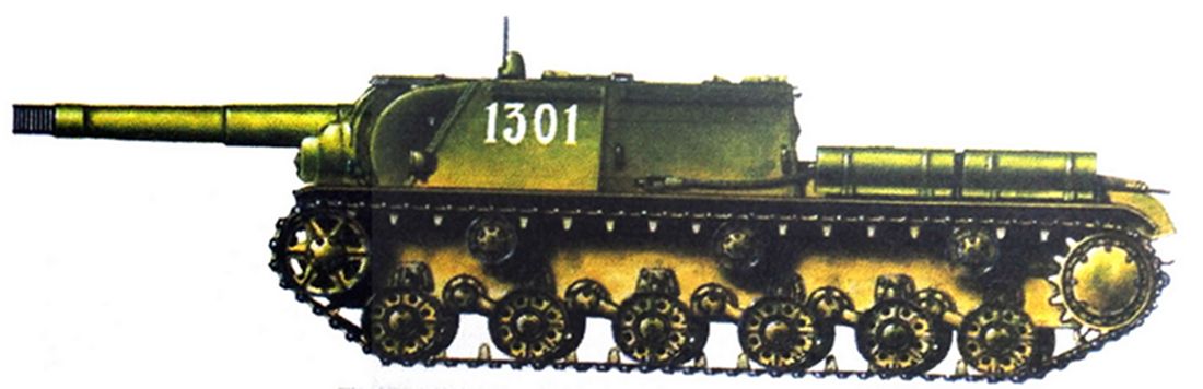 1945年3月,「苏德战争」期间,东线战场波兰,苏军一辆不明单位的SU-152型自行榴弹炮车。