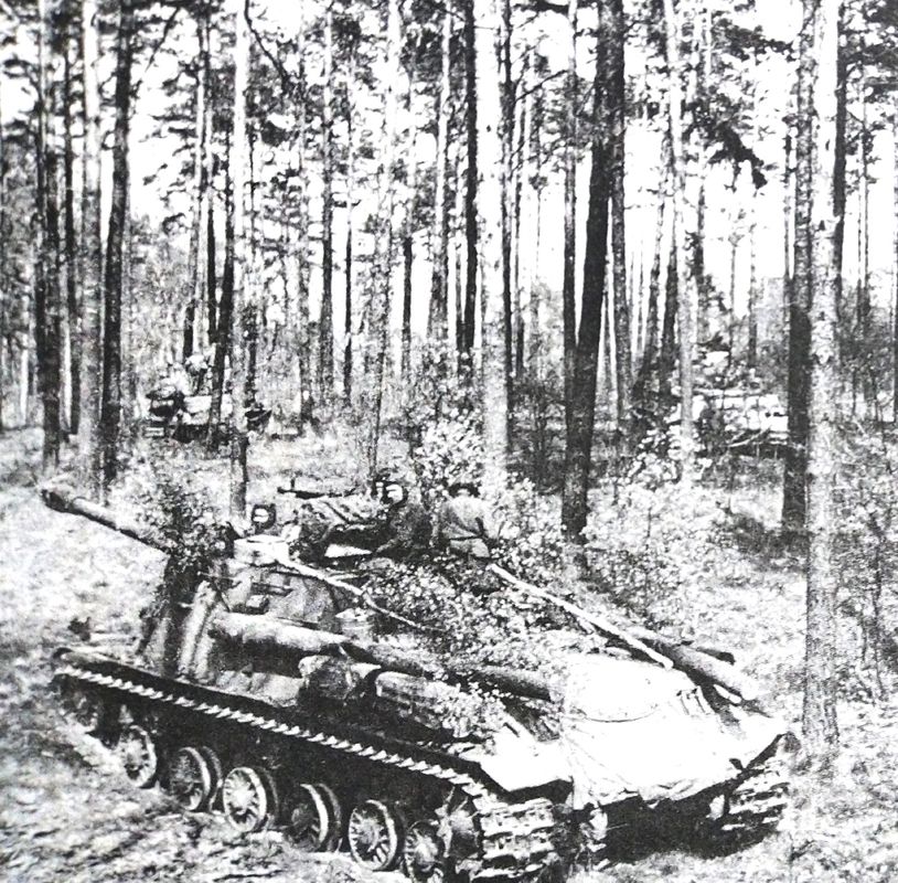 1945年4月，「柏林战役」期间，苏联乌克兰第一方面军一队作了伪装的IS-2重型坦克正在树林中待命。