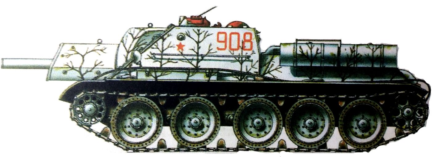 1942-1943年冬季，「苏德战争」期间，东线苏联沃尔霍夫方面军，苏军一辆不明单位的SU-122反坦克炮车，编号为908。